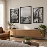 Statement Poster Trio — Black · 3 Oversized Frames — styled in a bright living room