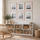 Nursery Gallery — Pink & White · 6 Frames — styled in a play corner