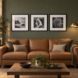 Wide Mat Trio 20x20 — Black · 3 Frames — styled in a warm evening room