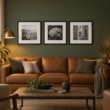 Wide Mat Trio 18x18 — Black · 3 Frames — styled in a warm evening room