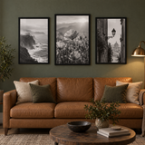 Statement Poster Trio — Black · 3 Oversized Frames — styled in a warm evening room
