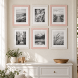 Nursery Gallery — Pink & White · 6 Frames — styled above a nursery dresser