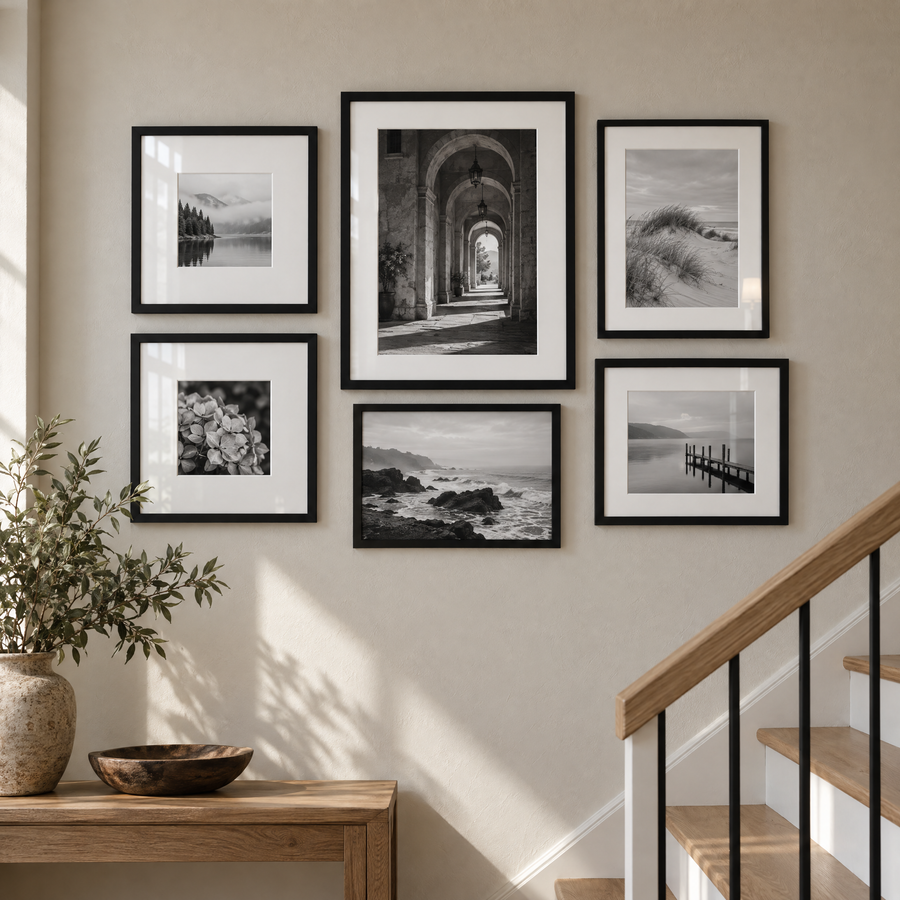 Mixed-Size Stairway Gallery — Black · 6 Frames — styled on the wall