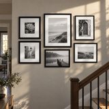 Mixed-Size Stairway Gallery — Black · 6 Frames — styled on a farmhouse stair wall