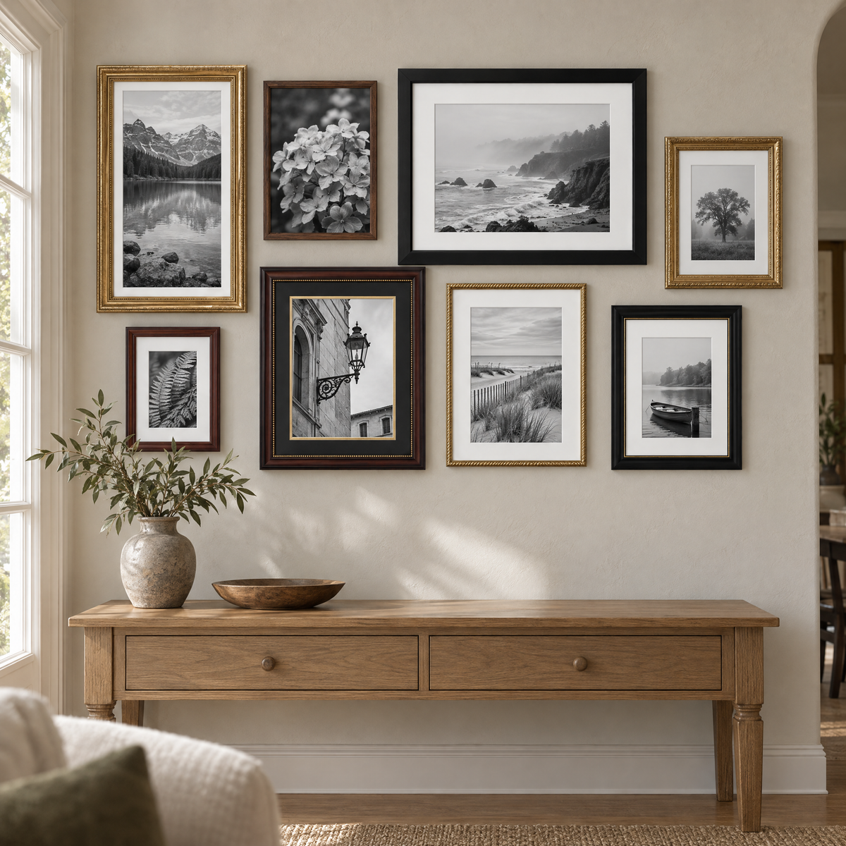 Warm Collected Gallery — Black, Walnut & Gold · 8 Frames — styled on the wall