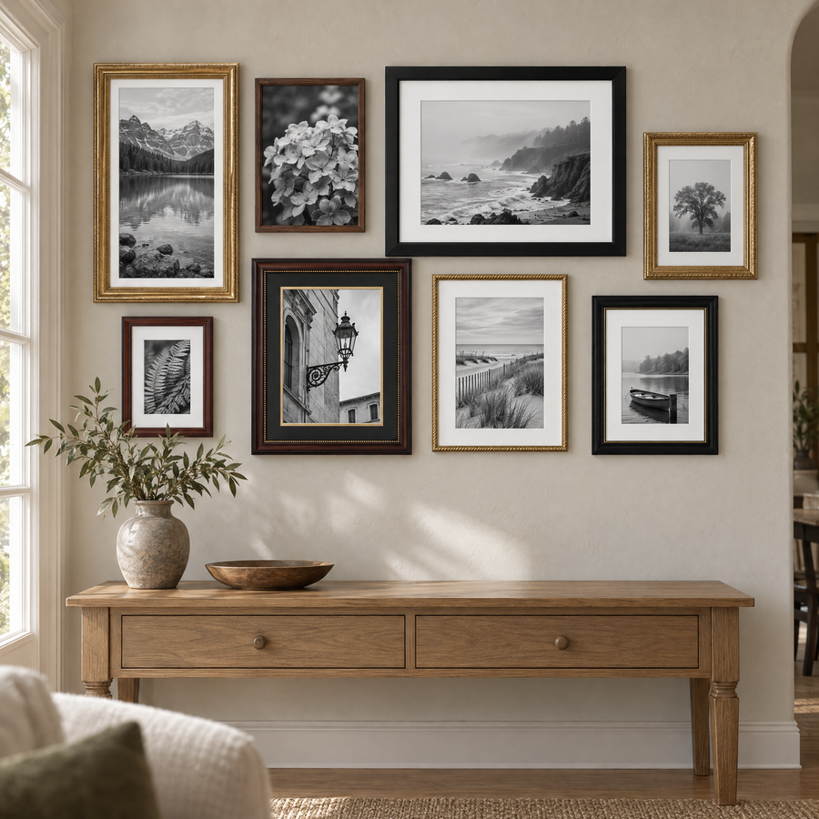 Warm Collected Gallery — Black, Walnut & Gold · 8 Frames — styled on the wall