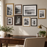 Warm Collected Gallery — Black, Walnut & Gold · 8 Frames — styled in a home office