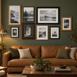 Warm Collected Gallery — Black, Walnut & Gold · 8 Frames — styled in a warm evening room