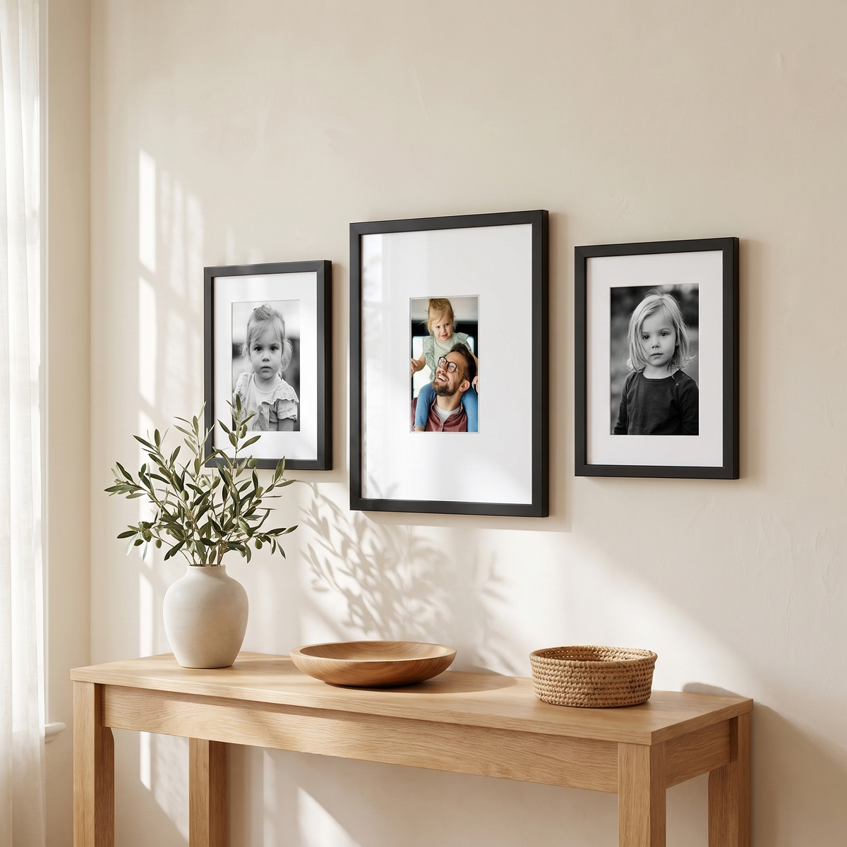 Digital photo frame trio above an oak console — the digital picture frame in the centre with its small colour screen in a deep white mat, flanked by two matted black 9x12 frames with black-and-white portraits 