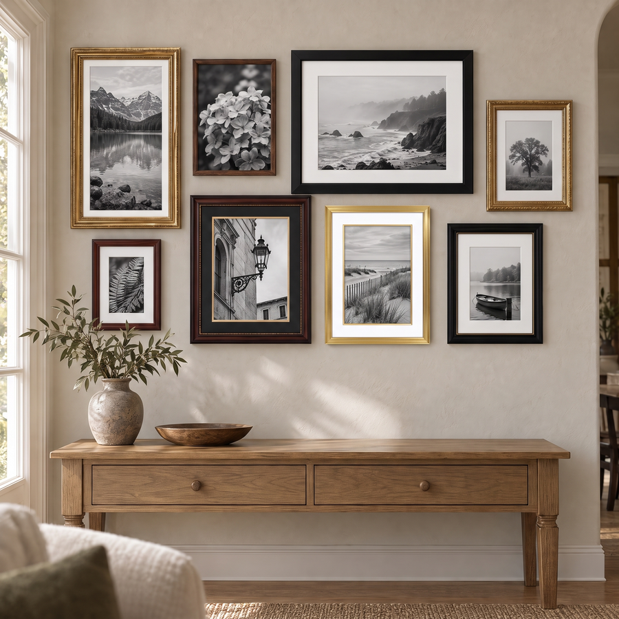 Warm Collected Gallery — Black, Walnut & Gold · 8 Frames — styled above a console table 