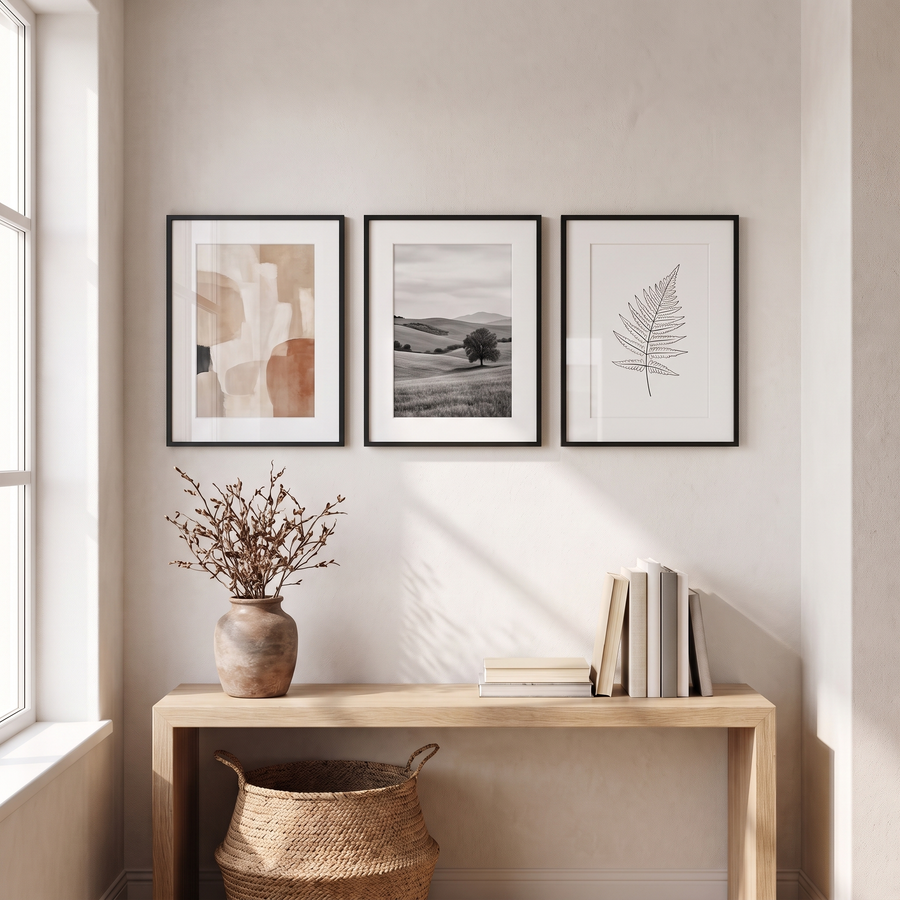 Three slim black 14x20 matted frames hung in a row above an oak console in an entry hall 