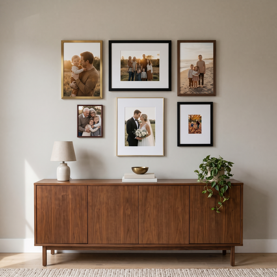 Collected Six: six frames in five finishes (black, gold, brass, walnut, mahogany) and five sizes, hung in three columns around a landscape black frame. Shown in a living room, above a walnut credenza, with family photos in the frames 
