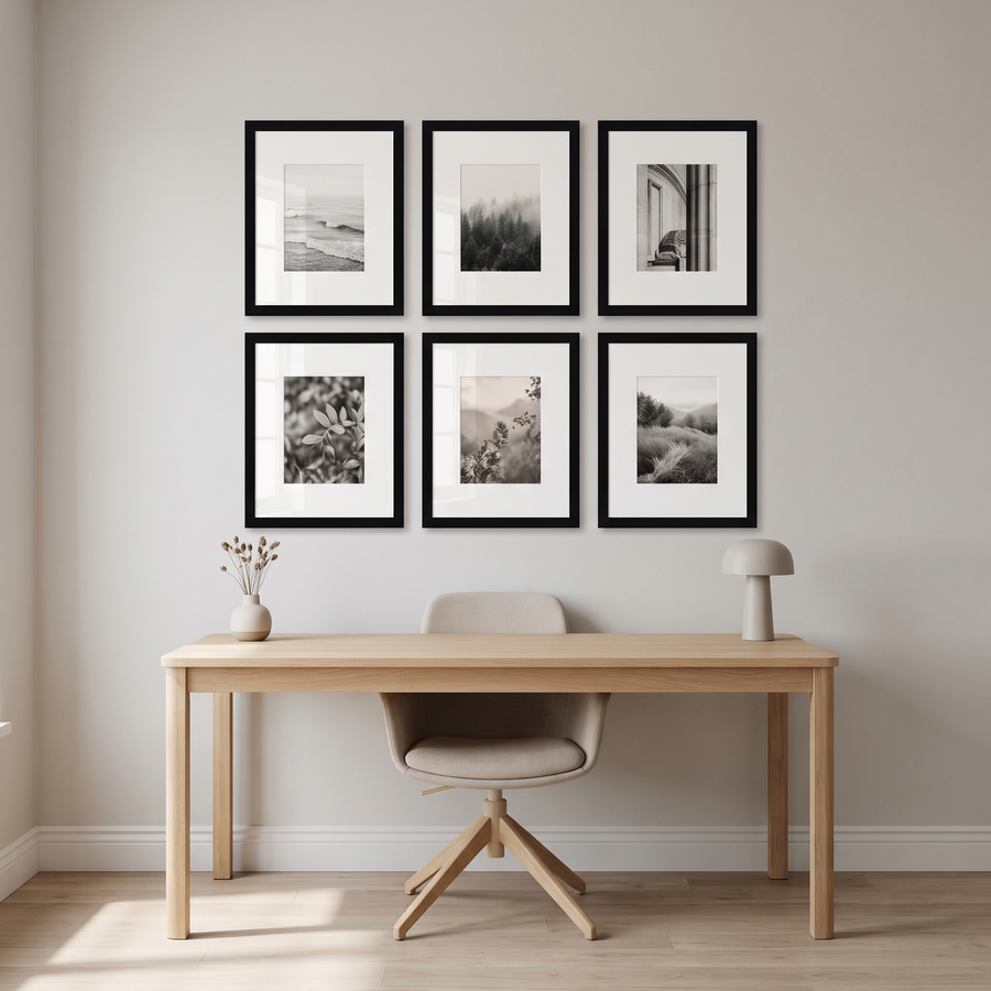 Black Wide Mat Grid Six: six black Signature 11x14 frames with wide 5x7 mats, hung as a three-by-two grid. Shown in a home office, above a light wood desk with a chair 