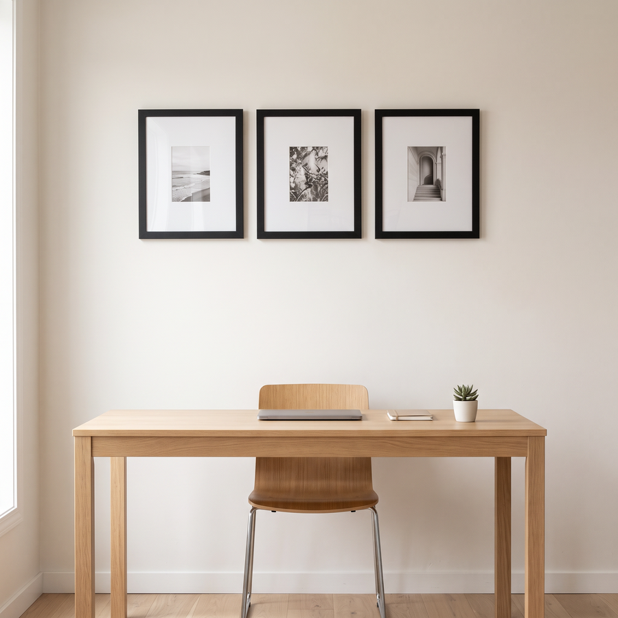Black Wide Mat Trio: three black Signature 11x14 frames with wide 5x7 mats, in one even row. Shown in a home office, above a desk 
