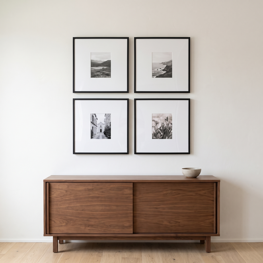 Wide Mat Quad 20x20 (8x10 Mat): four black Streamline 20x20 frames, each matted to 8x10, in a two-by-two block. Shown in a calm living room, above a low walnut credenza 