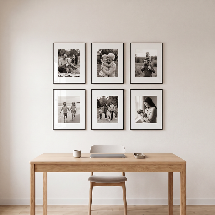 Brooklyn Grid Six: six black Brooklyn aluminium 11x14 frames matted to 8x10, hung as a three-by-two grid. Shown in a modern home office, above a desk with a chair, with family photos in the frames 