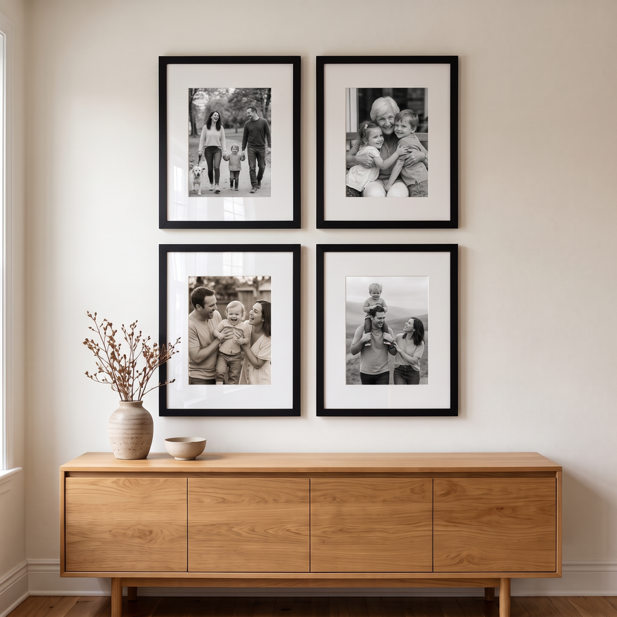 Epic Matted Grid Four: four black Epic 16x20 frames matted to 11x14, hung as a two-by-two grid. Shown in a dining room, above a long oak sideboard, with family photos in the frames 