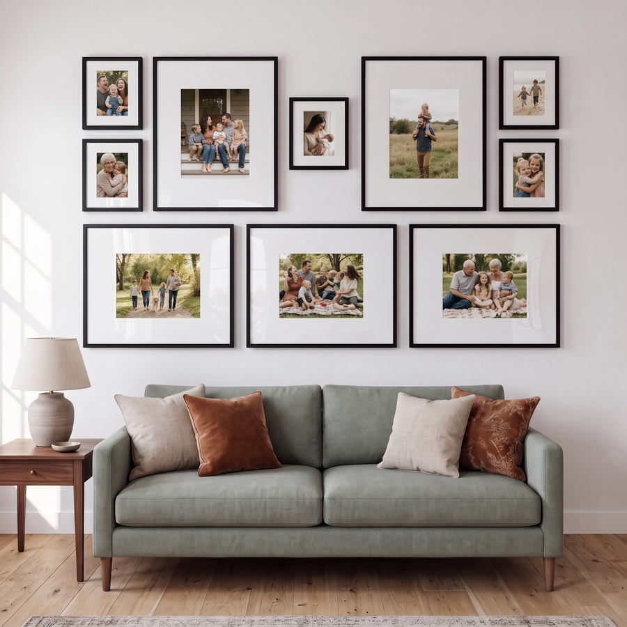 Balanced Sofa Gallery, ten black frames, with family photos in the frames 