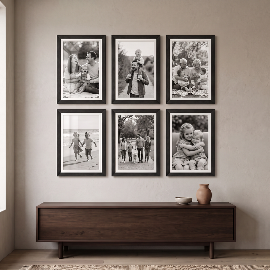 Hudson Grid Six: six identical black Hudson 12x18 frames, matted to 11x17, hung as a three-by-two grid. Shown in a living room, above a low dark-wood media console, with family photos in the frames 