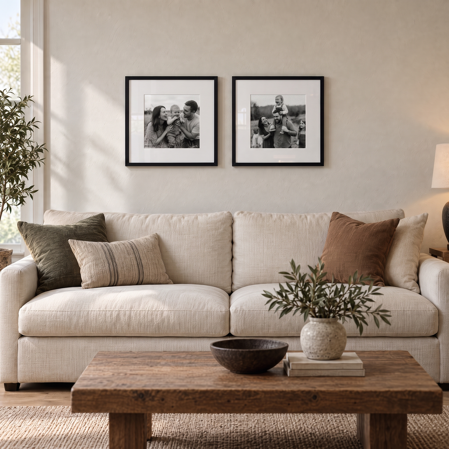 Wide Mat Pair 18x18 — Black · 2 Frames — styled on the wall, with family photos in the frames