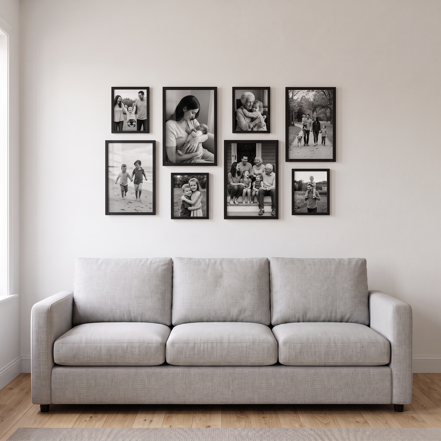Signature Black Cluster Eight: eight unmatted black Signature frames (12x18, 11x17 and 8x10) in a staggered cluster. Shown in a living room, above a light grey sofa with cushions, with family photos in the frames 