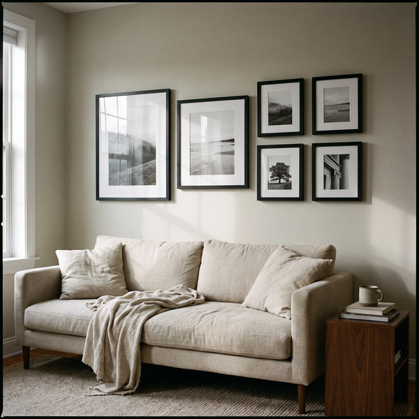 Six black matted Hudson frames arranged above a linen sofa in a living room #flat