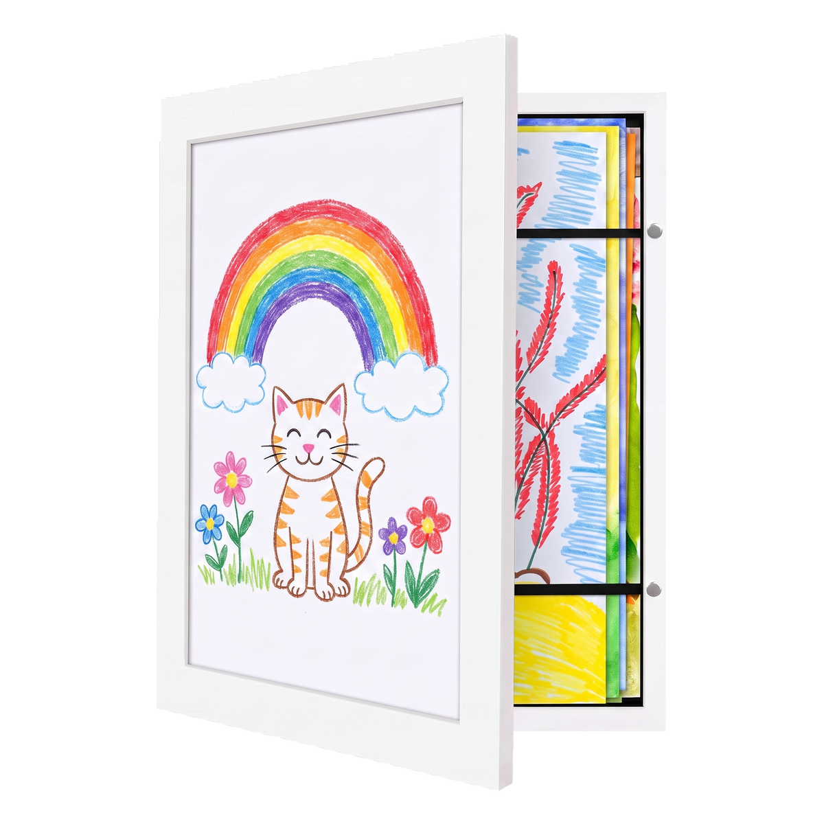 White front-loading kids art frame swung open, a rainbow drawing over stored artwork 