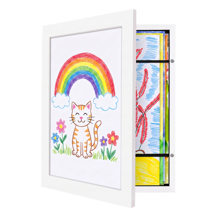 White front-loading kids art frame swung open, a rainbow drawing over stored artwork 