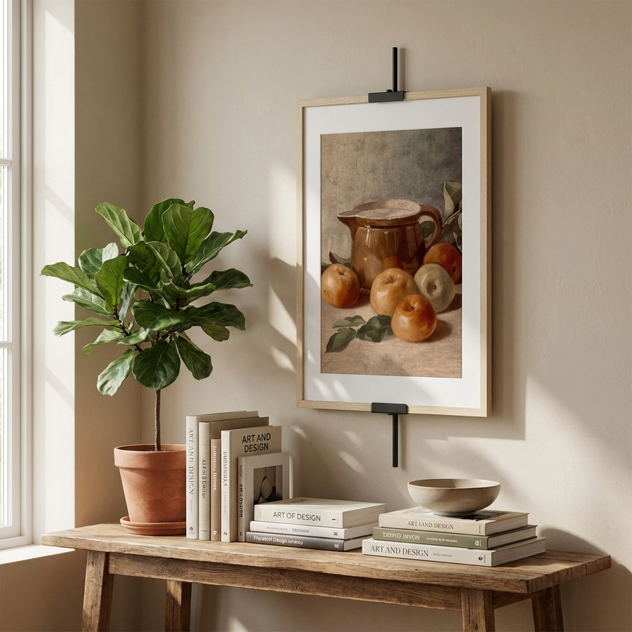 Wall easel holding a framed still life above a wooden bench with a fig plant and books 