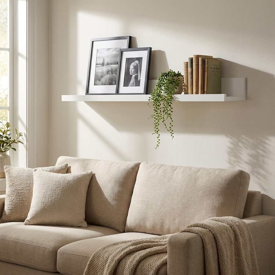 White floating ledge above a cream sofa holding framed photos, books and a plant 