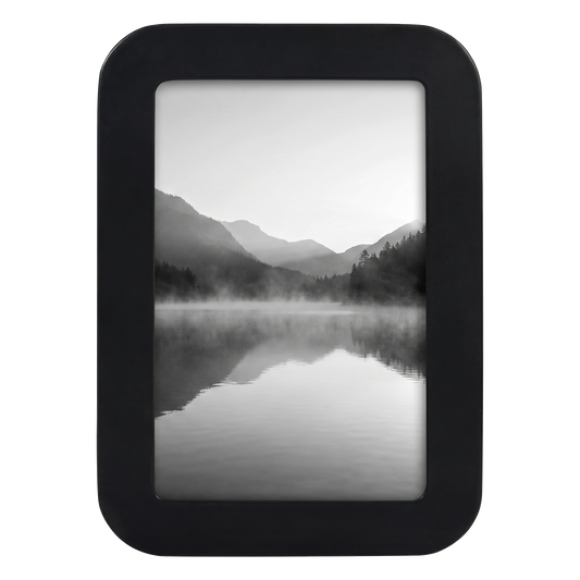 Black rounded-corner Mod frame with no mat, holding a misty mountain lake photo #flat
