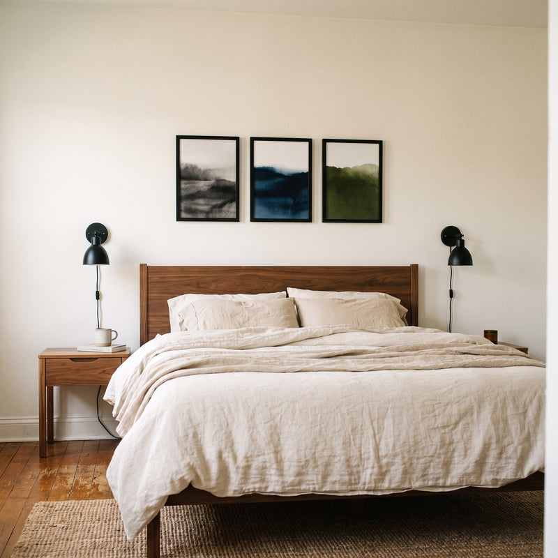 Three black 12x17 unmatted poster frames in a row above a walnut queen headboard, true to size #flat