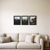 The three-frame poster row centered above a sofa, spanning about half its width 