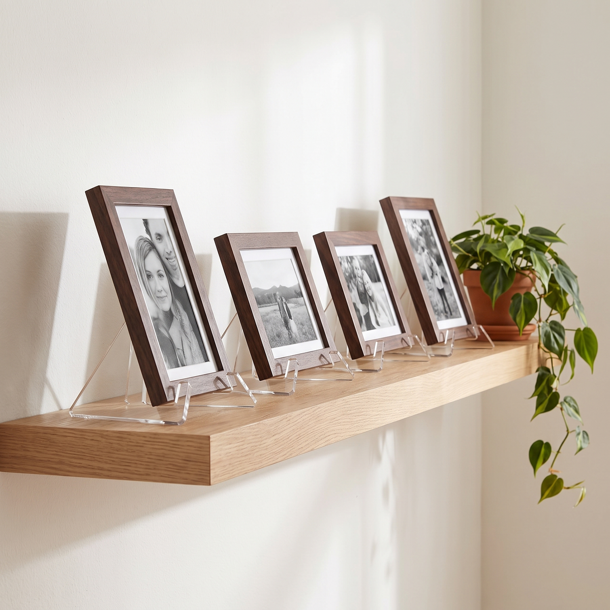 Four clear acrylic display stands in a row on a floating oak shelf holding black-and-white photographs 
