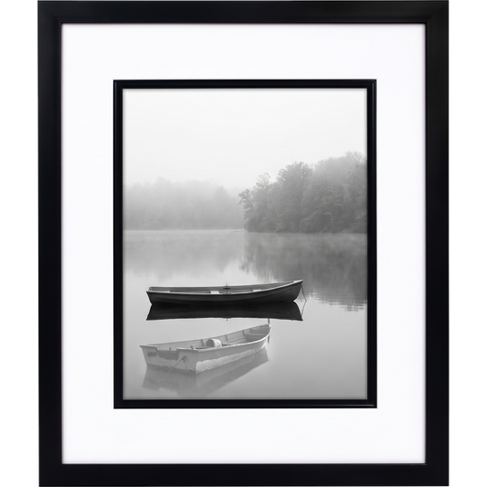 Black Veranda frame with a white mat and black fillet, holding a photo of boats on misty water #flat