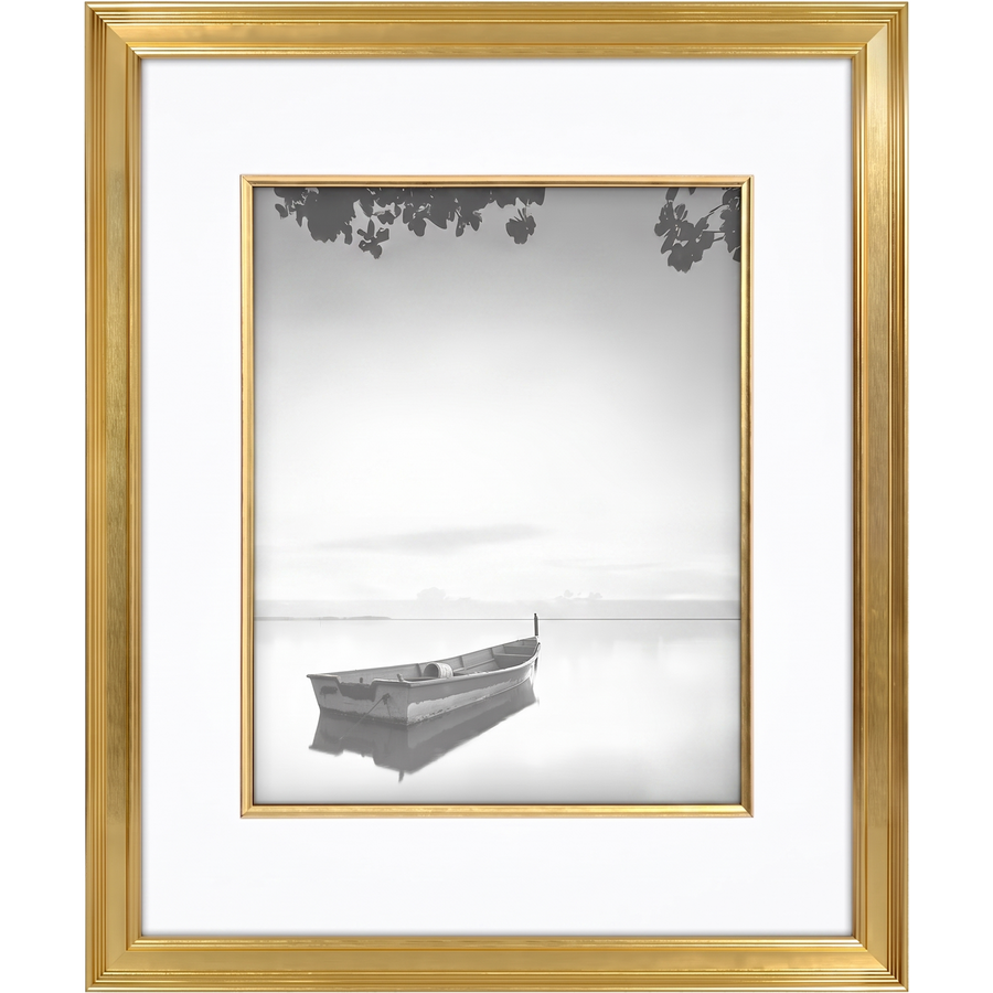 Gold Veranda frame, 16x20, with a white mat and gold fillet, holding a photo of a boat on still water #flat