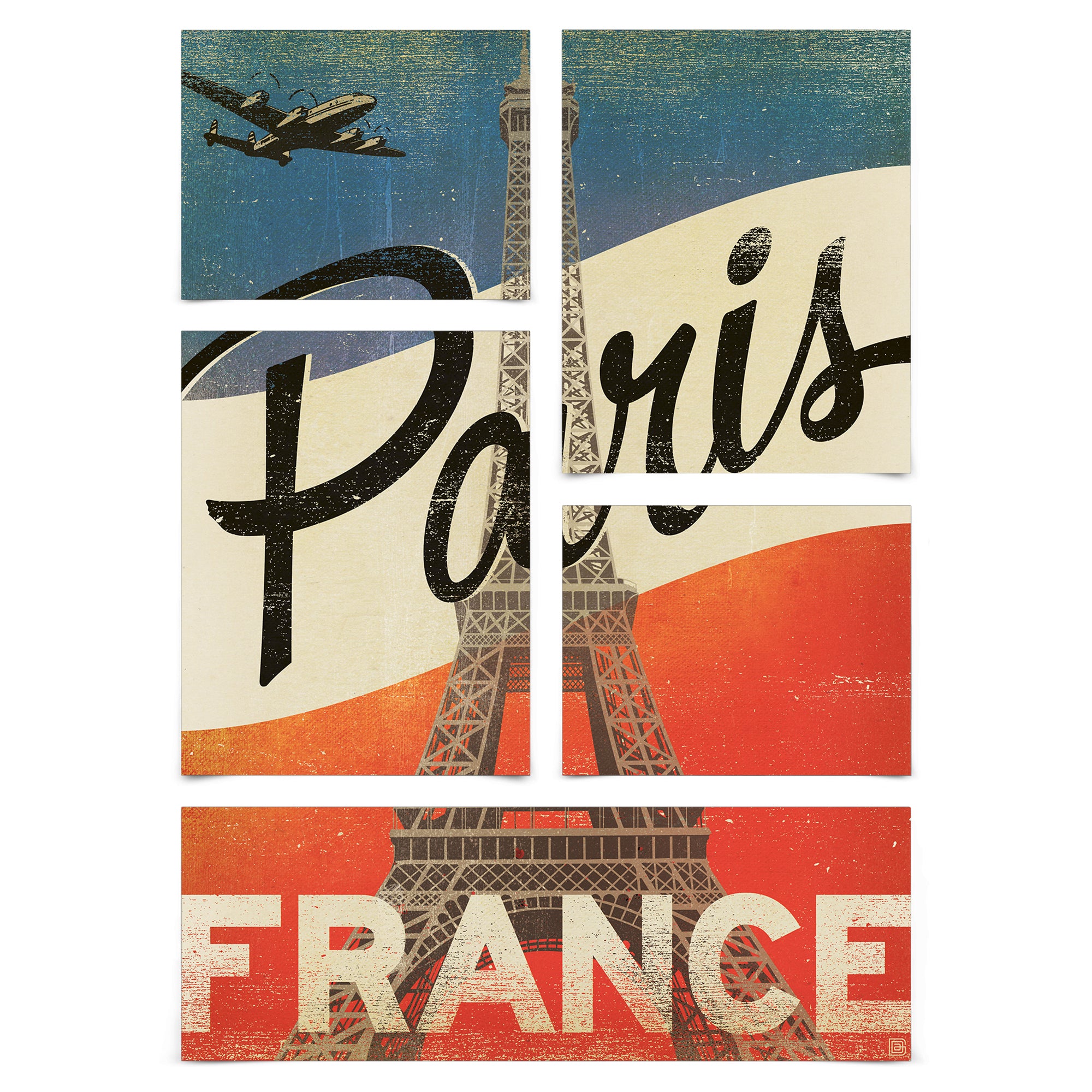 Paris France Vintage 5 Piece Grid Wall Art Room Decor Set - Print