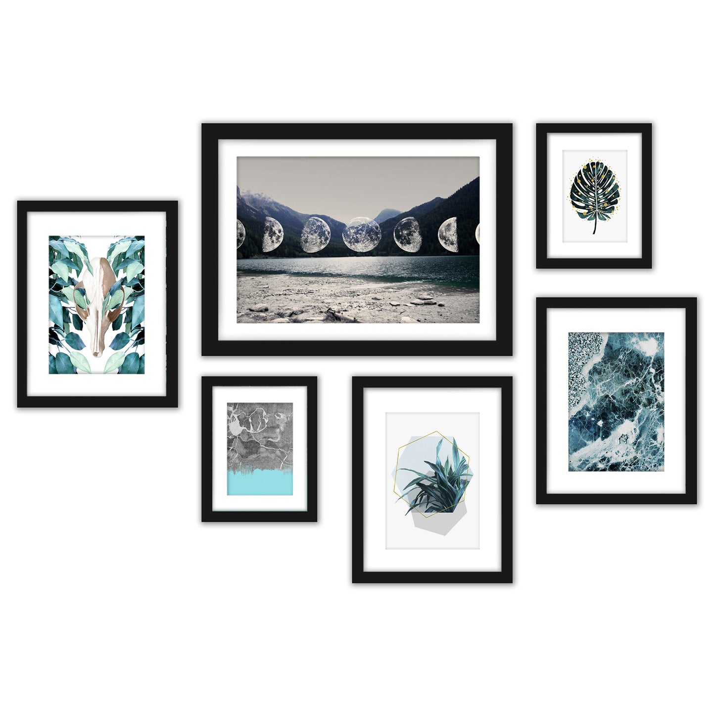 Black and White Contemporary Blue-Grey - 6 Piece Framed Gallery Wall Set Multi / White Matted - Americanflat