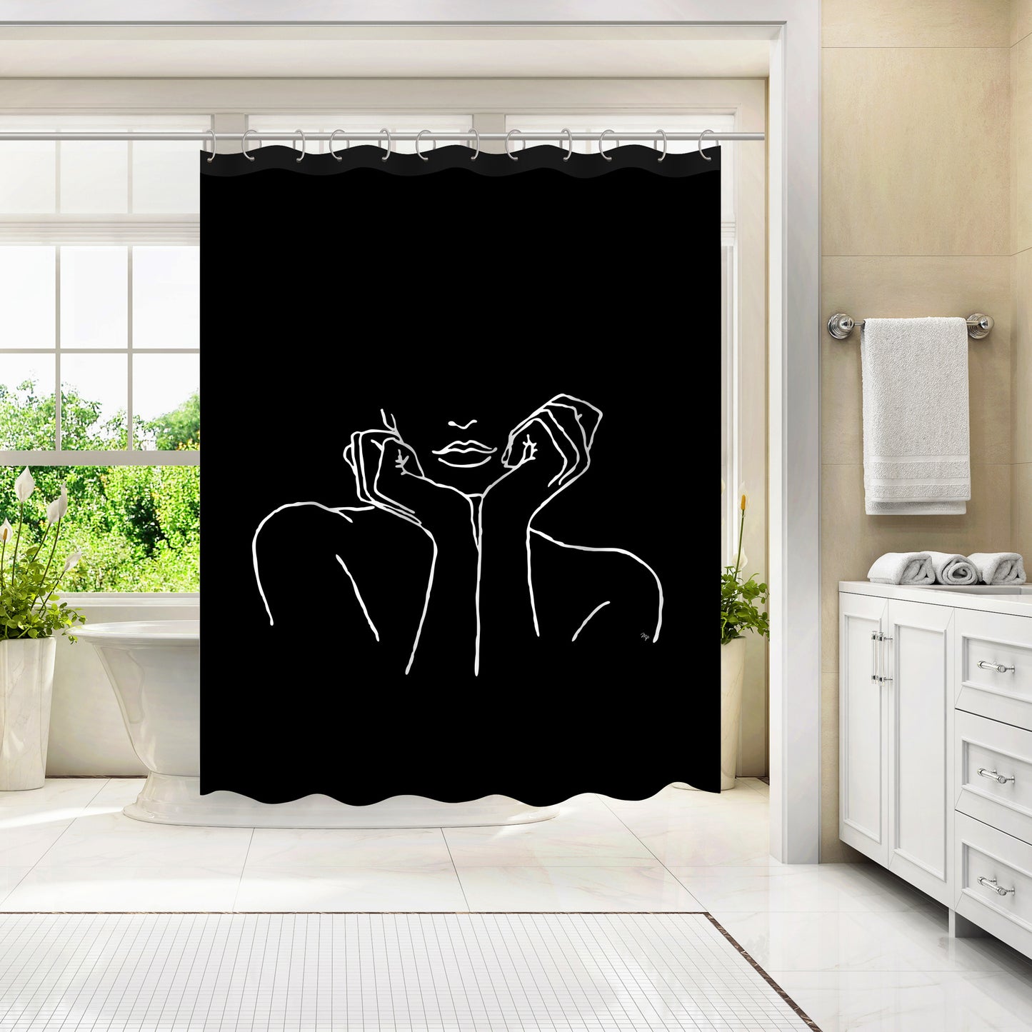 71" x 74" Decorative Shower Curtain with 12 Hooks, ThinkingBlack by Martina