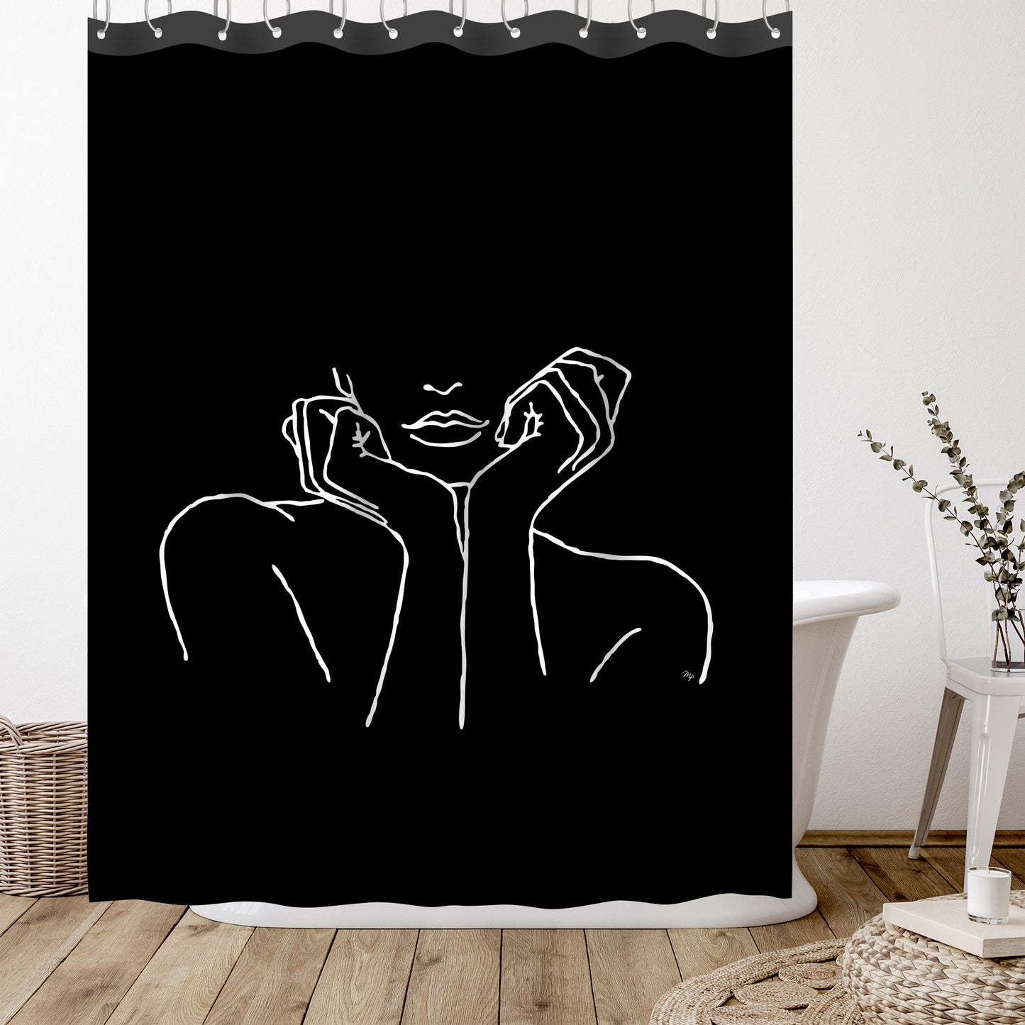71" x 74" Decorative Shower Curtain with 12 Hooks, ThinkingBlack by Martina