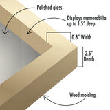 Corner diagram: polished glass, 0.8 inch width, 2.5 inch depth, displays items 1.5 inches deep 