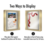 Card showing two ways to display: glass flush to the backboard, or moved forward for 3-D items 