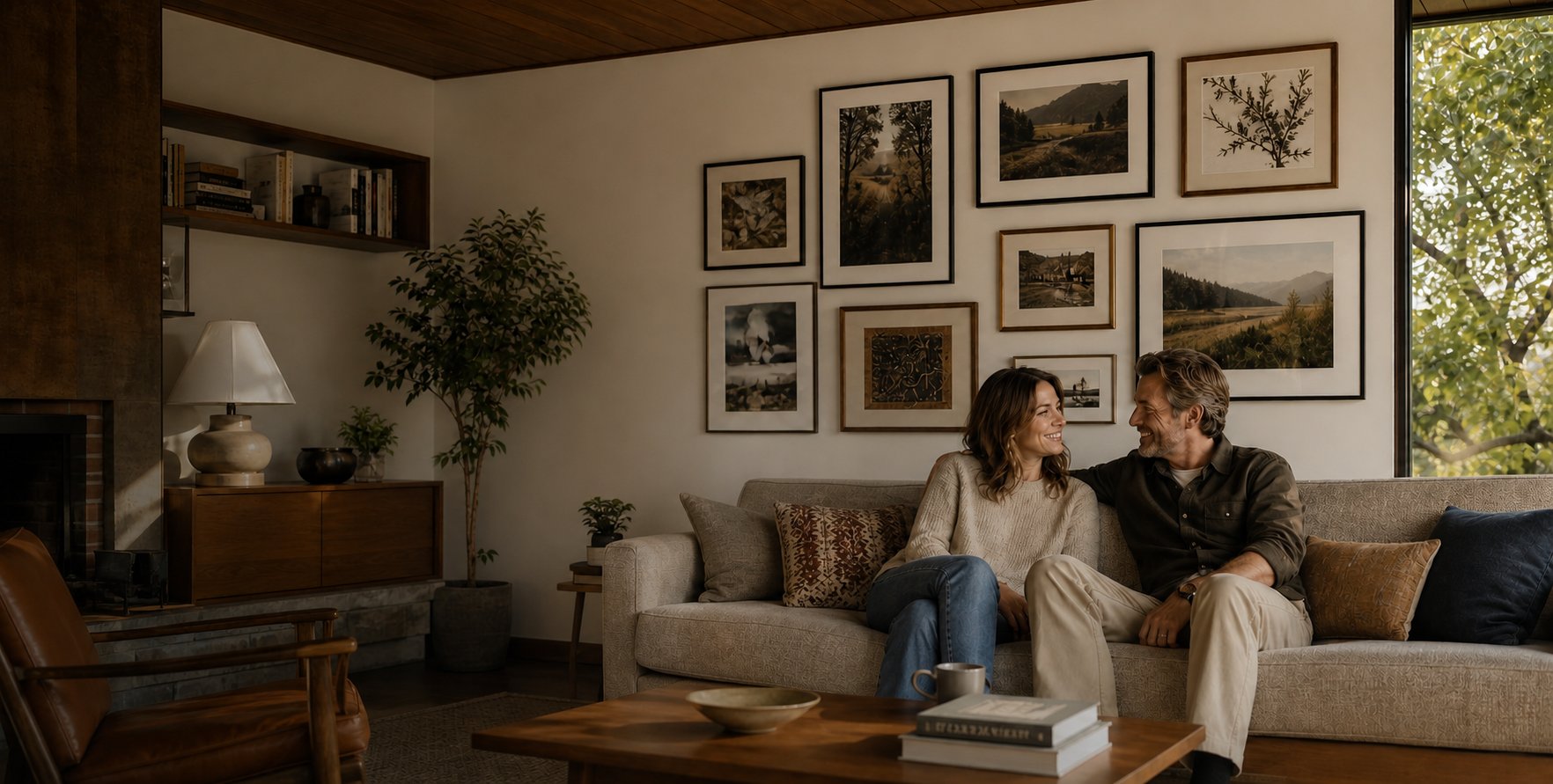 A couple relaxing on a sofa beneath a warm gallery wall of framed prints