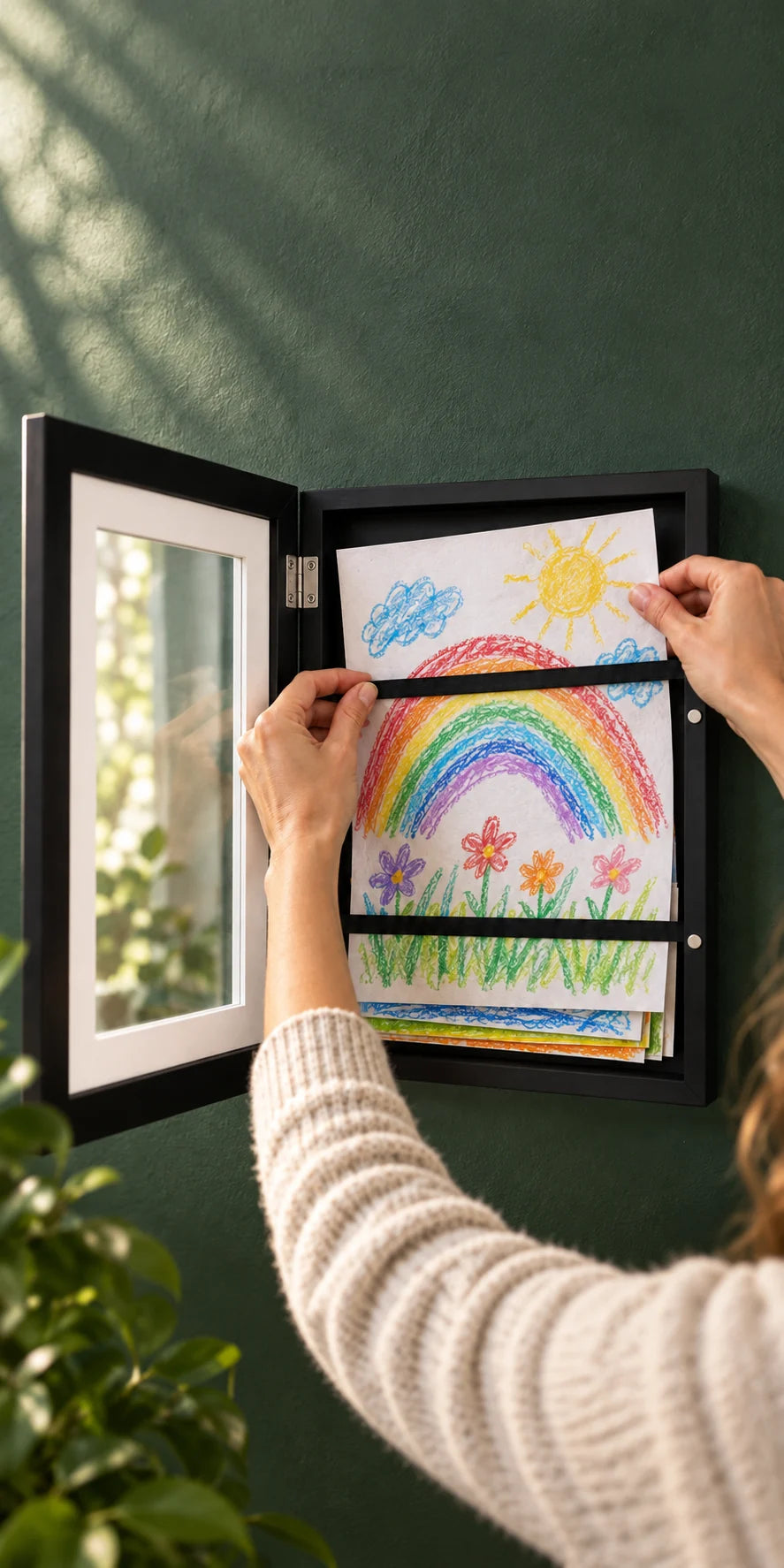 Hands putting a rainbow drawing into a front-opening artwork frame on a green wall