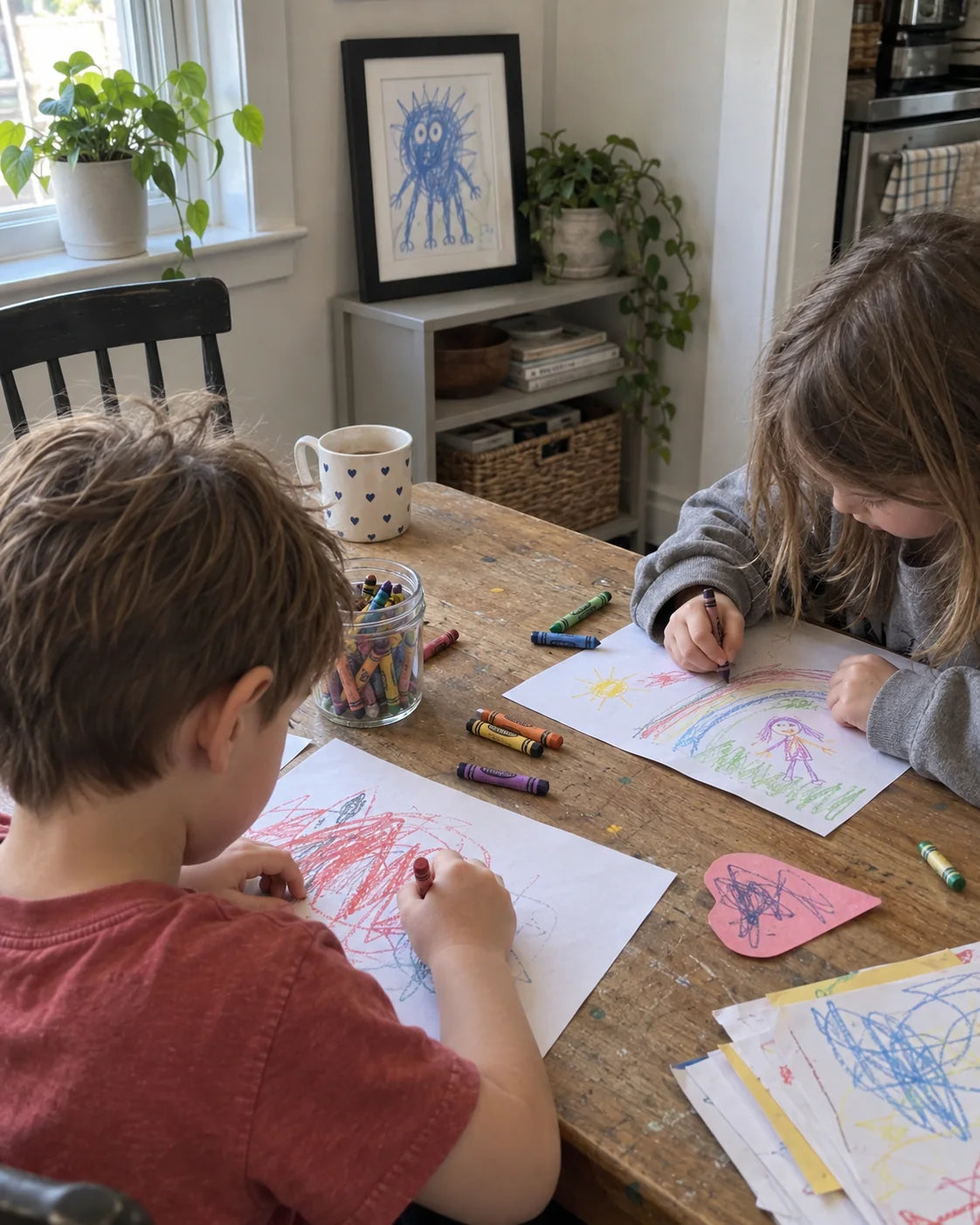 Siblings making new drawings at the kitchen table