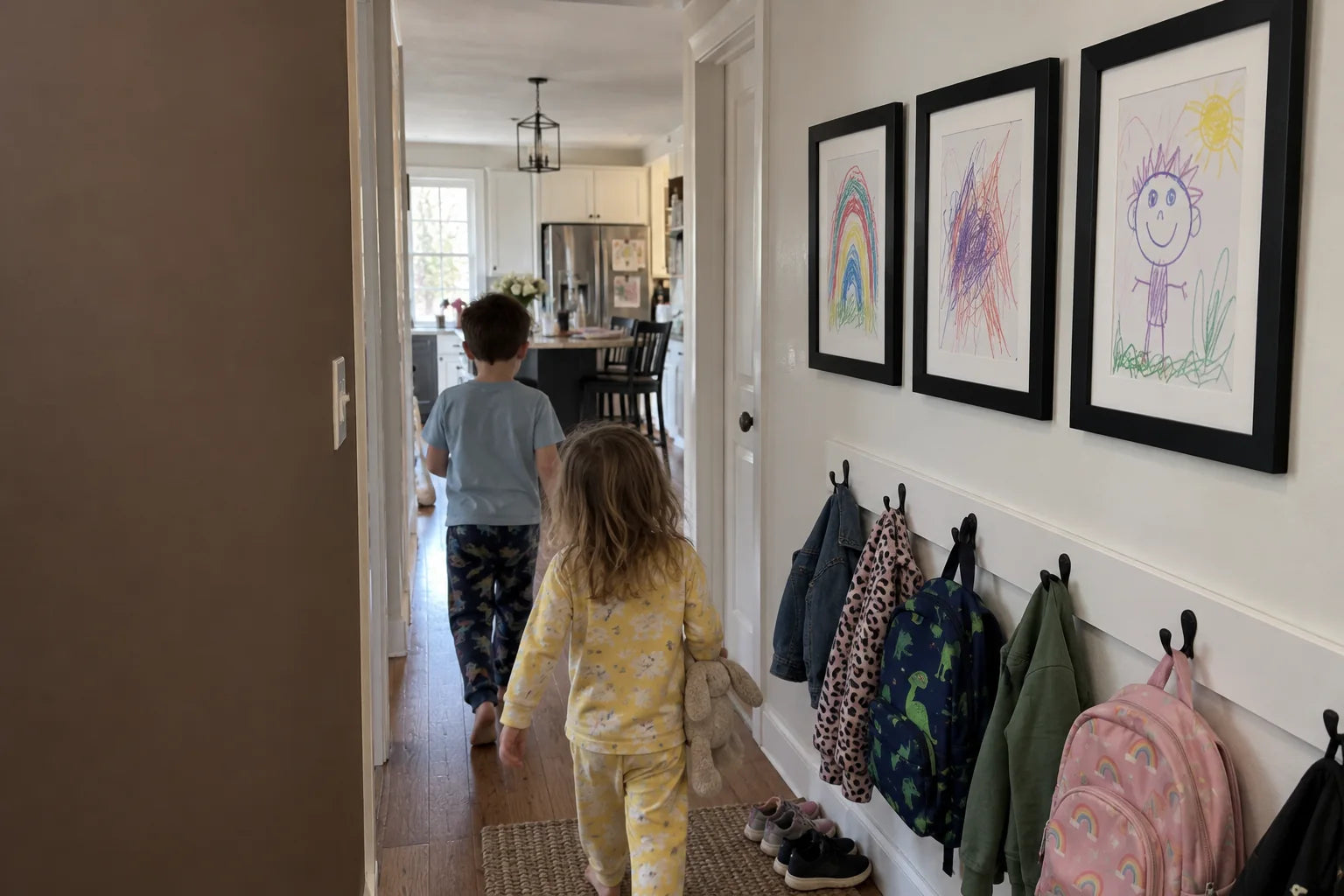 A family hallway with children’s artwork on display
