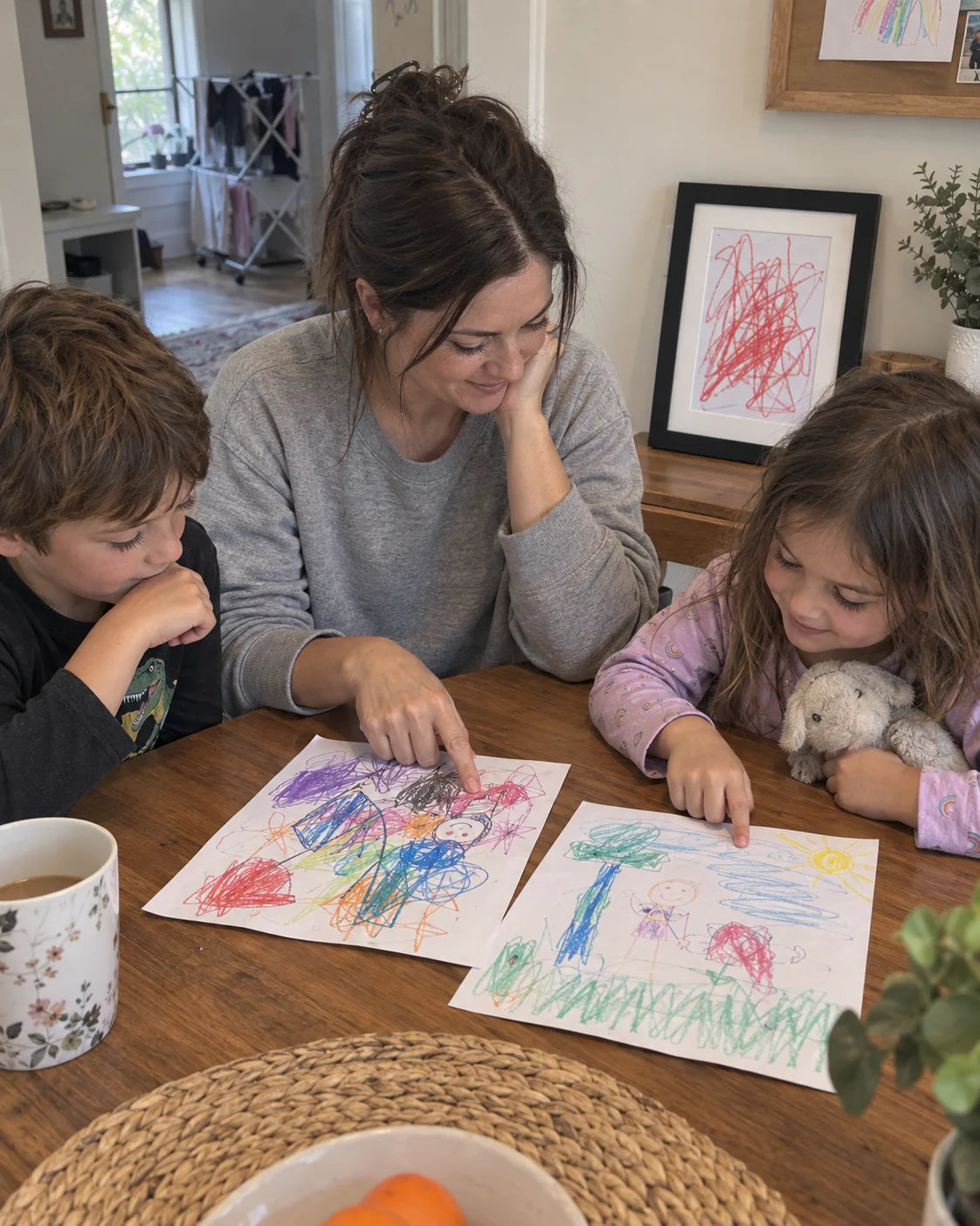 A parent and two children choosing their next drawing