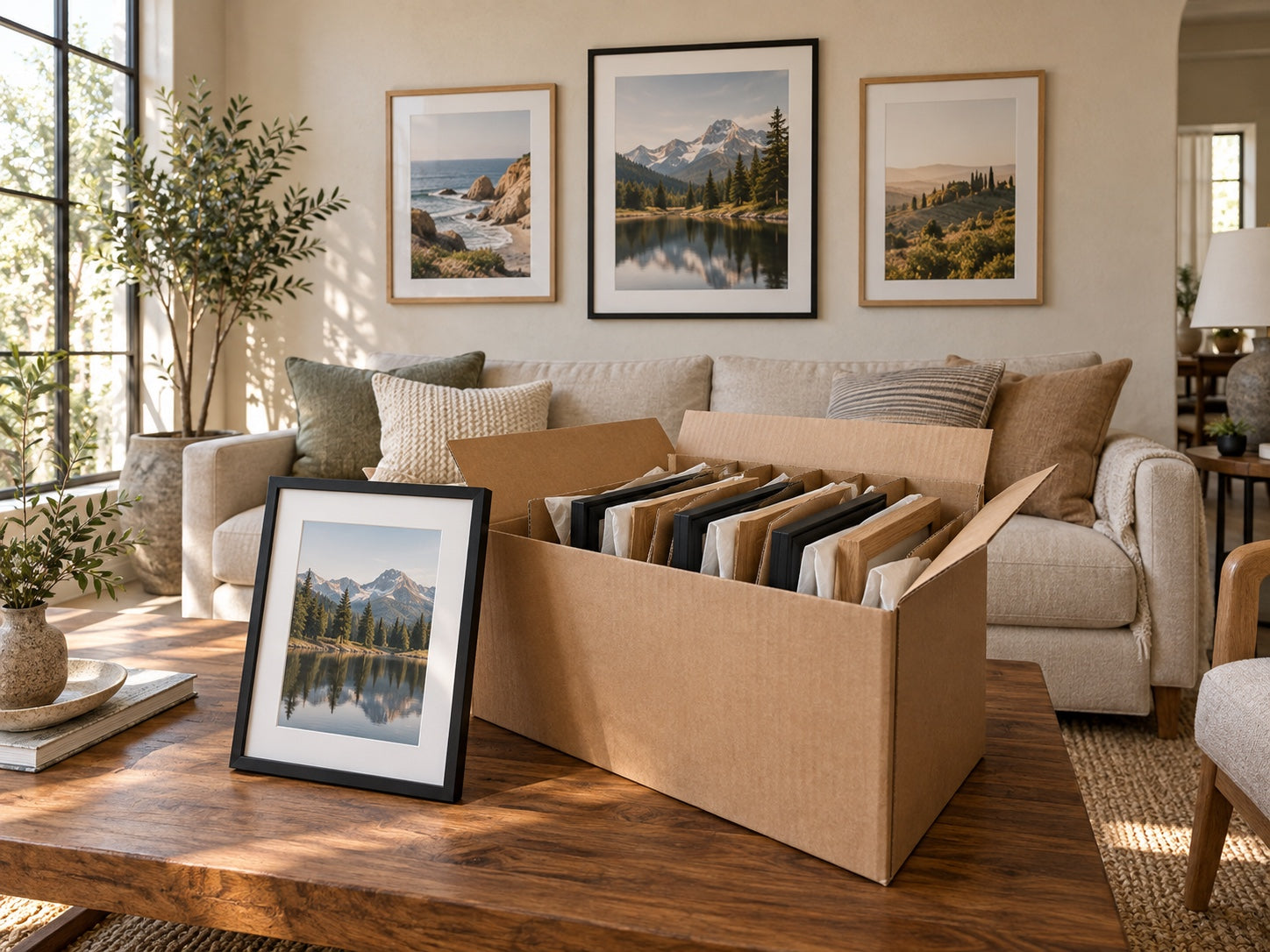 Living room with framed landscape art above a sofa and an open cardboard box of picture frames on the coffee table