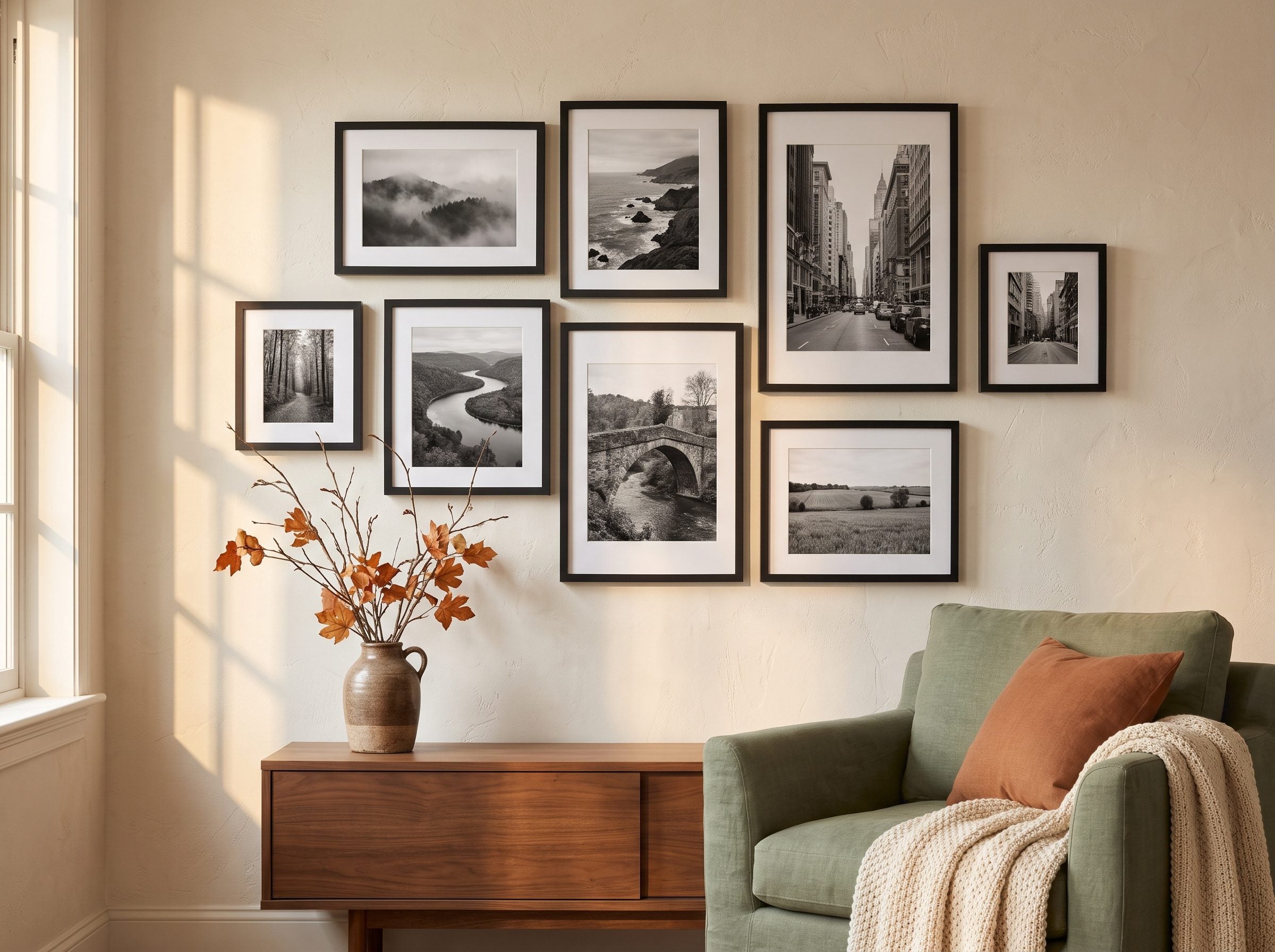 Gallery wall of black matted frames in mixed sizes above a walnut console with autumn branches and a sage armchair
