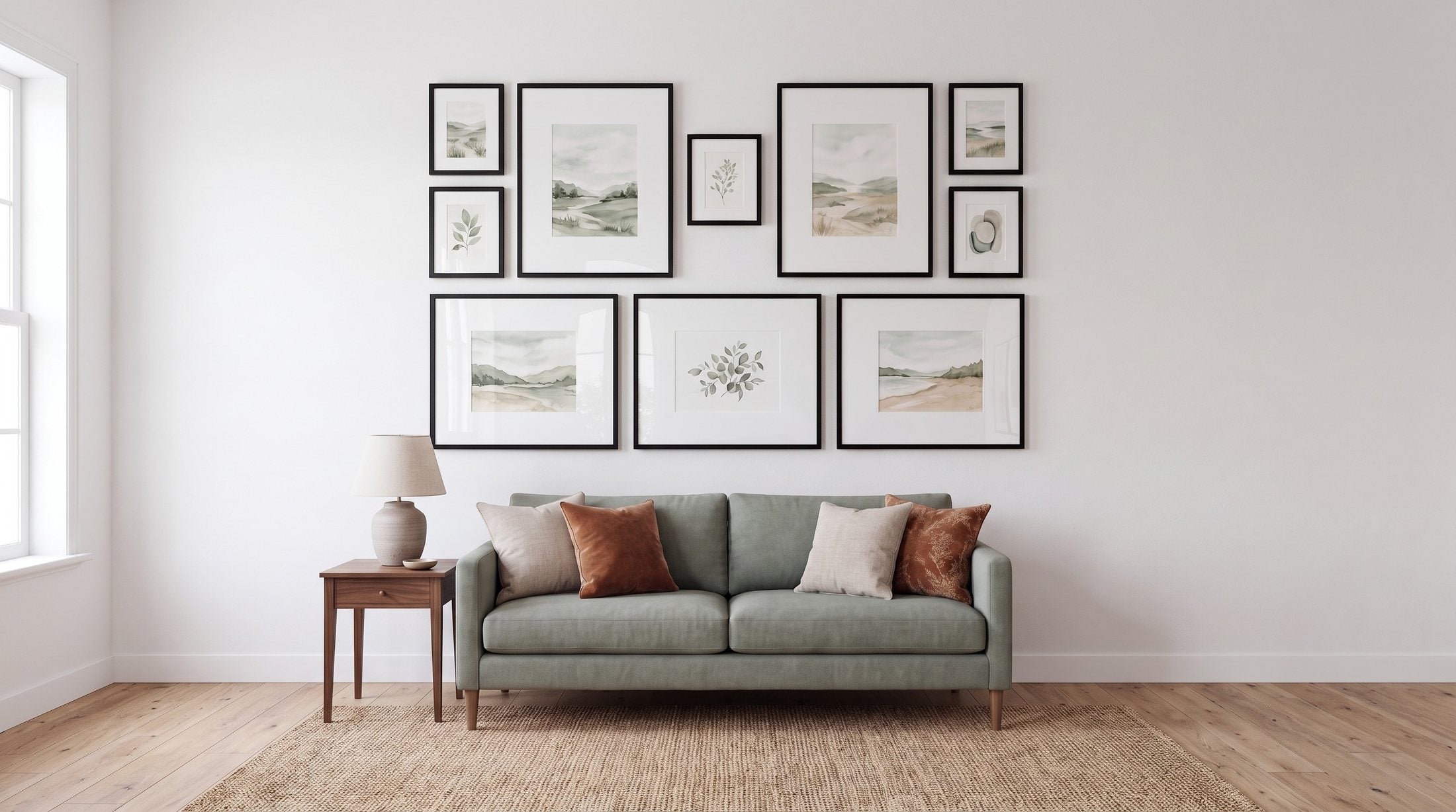 Ten black picture frames in six different sizes arranged on a living-room wall above a sofa